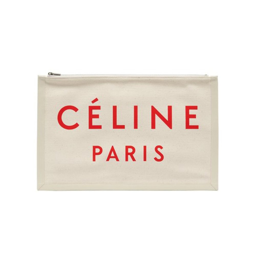 Celine "Made In" Canvas Clutch with Red Font.